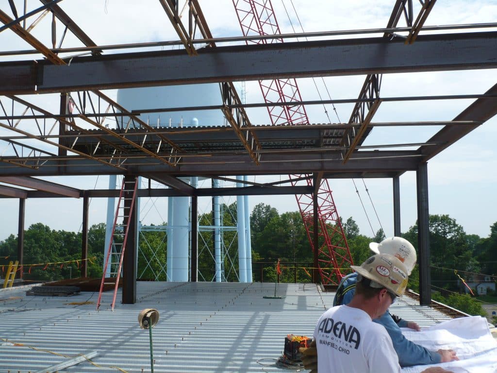 Workers reviewing plans beneath newly installed steel roof framing on a building under construction.