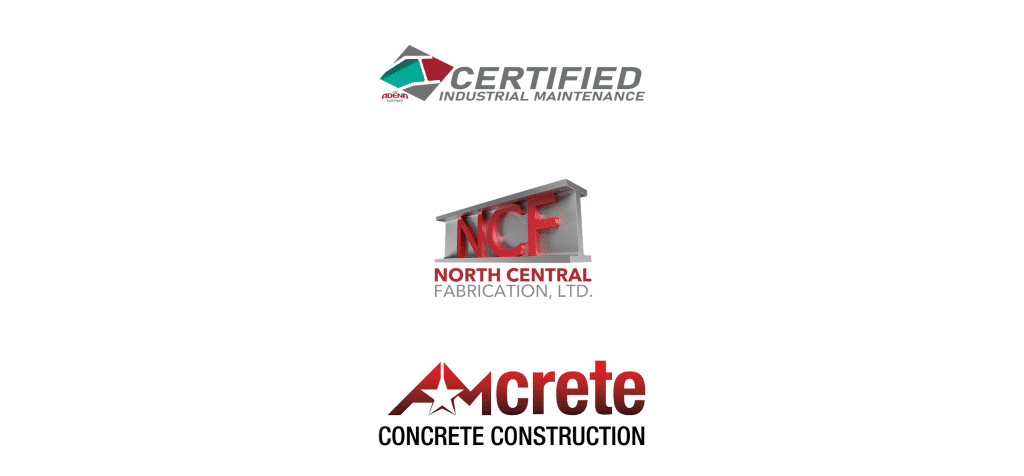 Logos for Certified Industrial Maintenance, North Central Fabrication, Amcrete concrete construction.